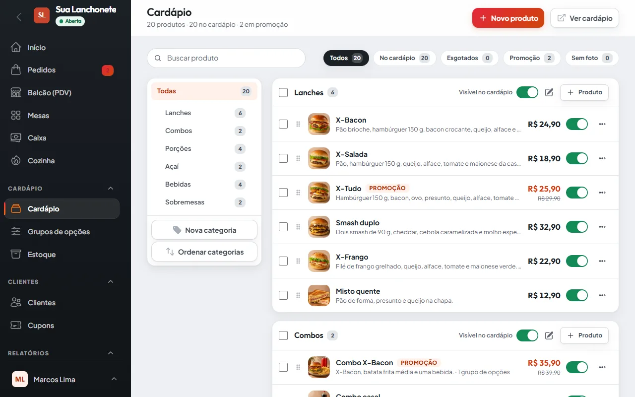 Gestão do cardápio no painel do abreo.menu com as categorias à esquerda e a lista de produtos com preço, promoção e o botão de mostrar no cardápio.