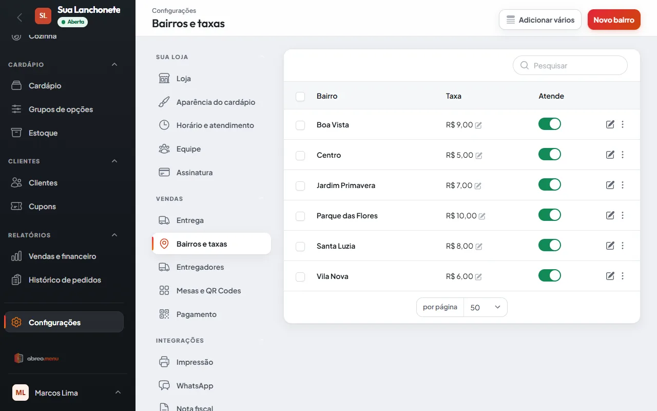 Tela de bairros e taxas de entrega do abreo.menu com cada bairro, a taxa e o botão de ativar.