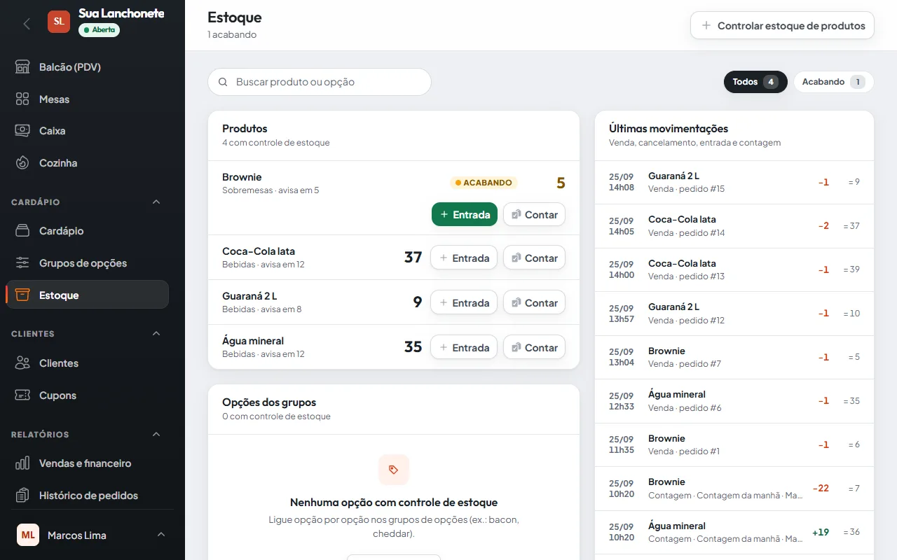 Controle de estoque do abreo.menu com o saldo de cada produto, o alerta de item acabando e as últimas movimentações.