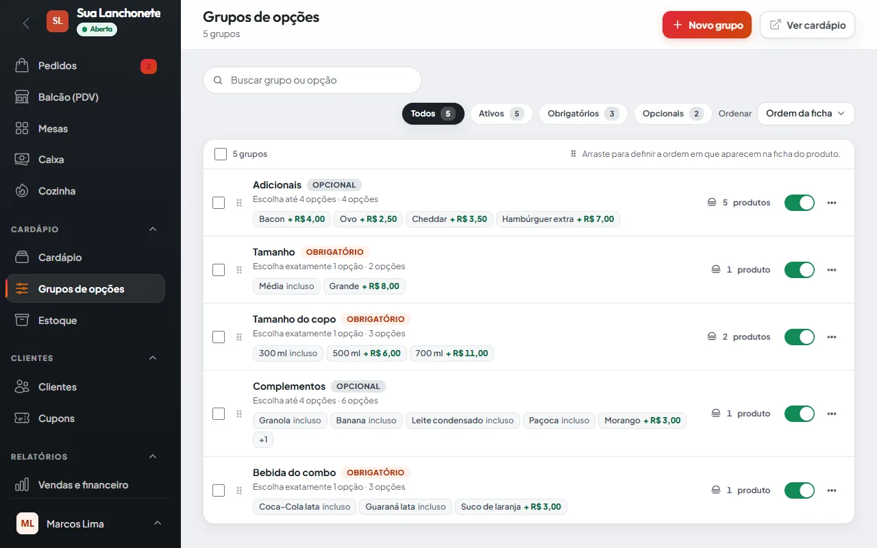 Grupos de opções do abreo.menu: adicionais, tamanhos e complementos, cada um com as opções, os preços e se é obrigatório.