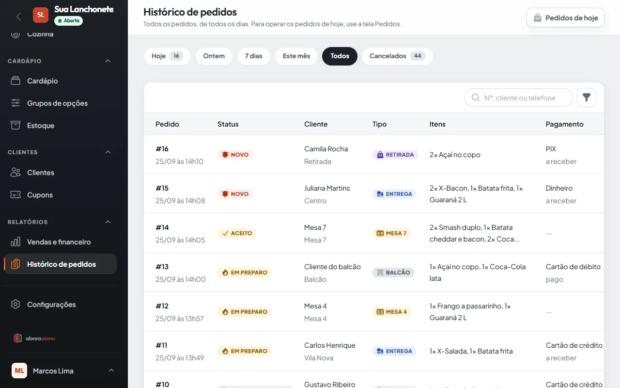 Histórico de pedidos do abreo.menu com número, status, cliente, tipo, itens e pagamento de cada pedido.