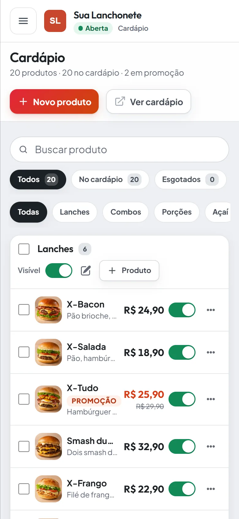 Gestão do cardápio no painel do abreo.menu com as categorias à esquerda e a lista de produtos com preço, promoção e o botão de mostrar no cardápio. No celular.