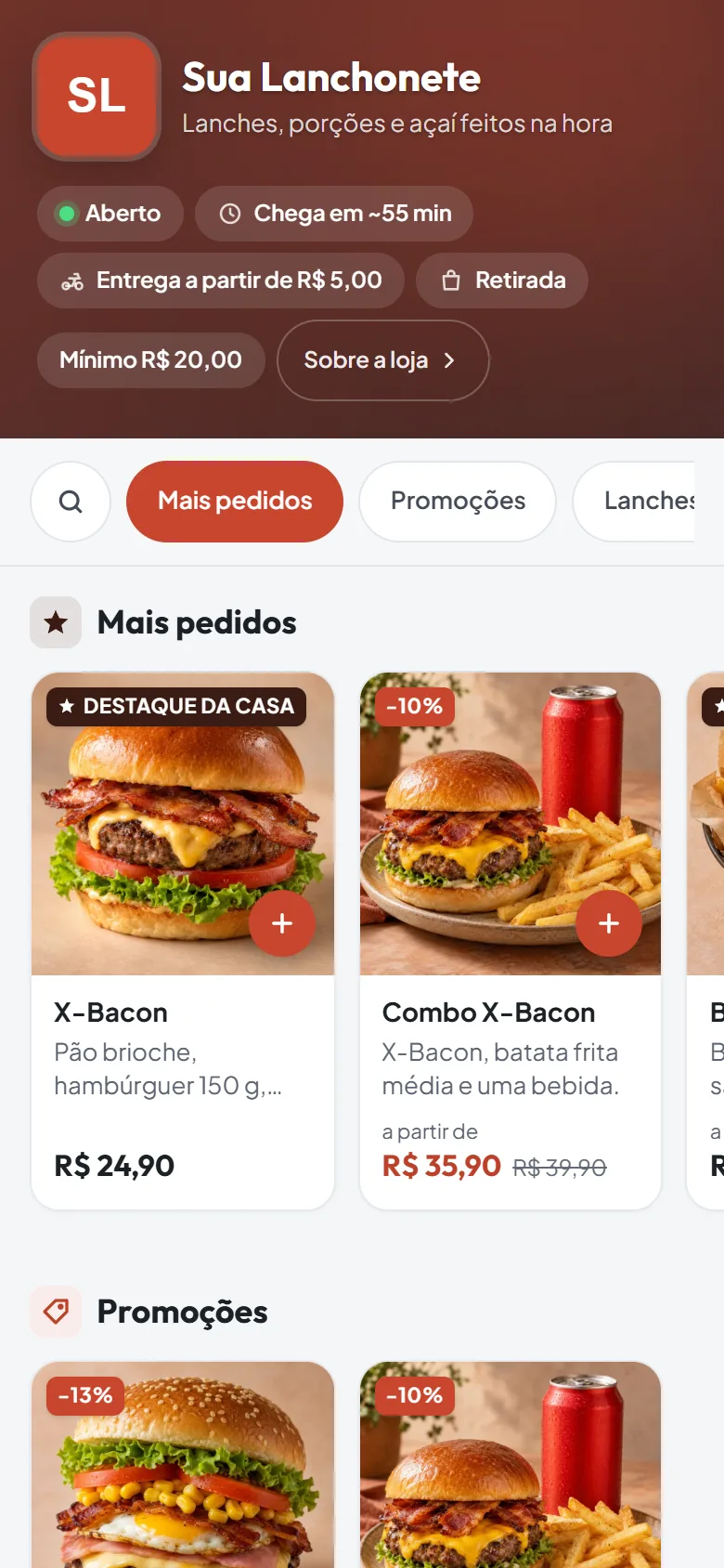 Cardápio online de uma lanchonete no celular, com os mais pedidos, preços e a sacola.
