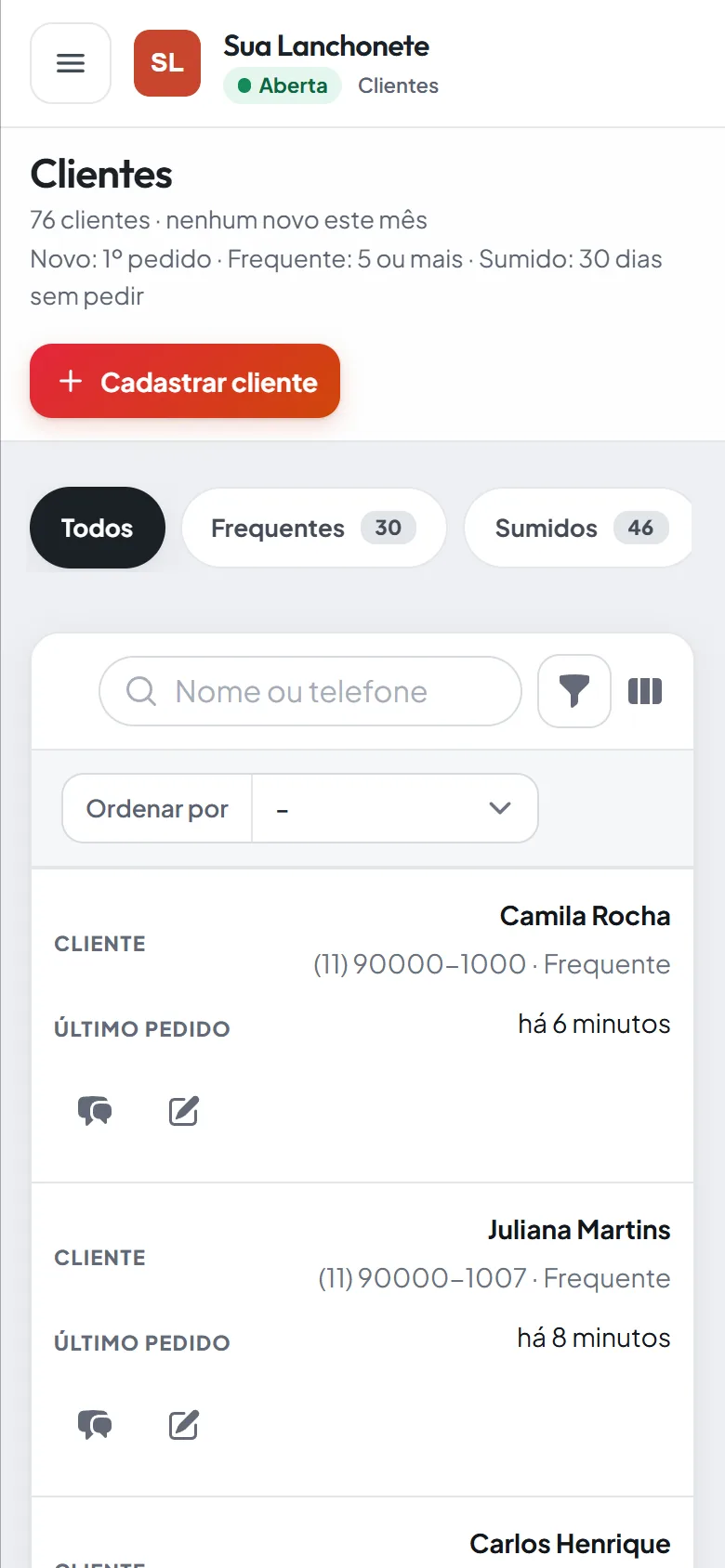 Lista de clientes no celular com o telefone, se é frequente e o último pedido de cada um.
