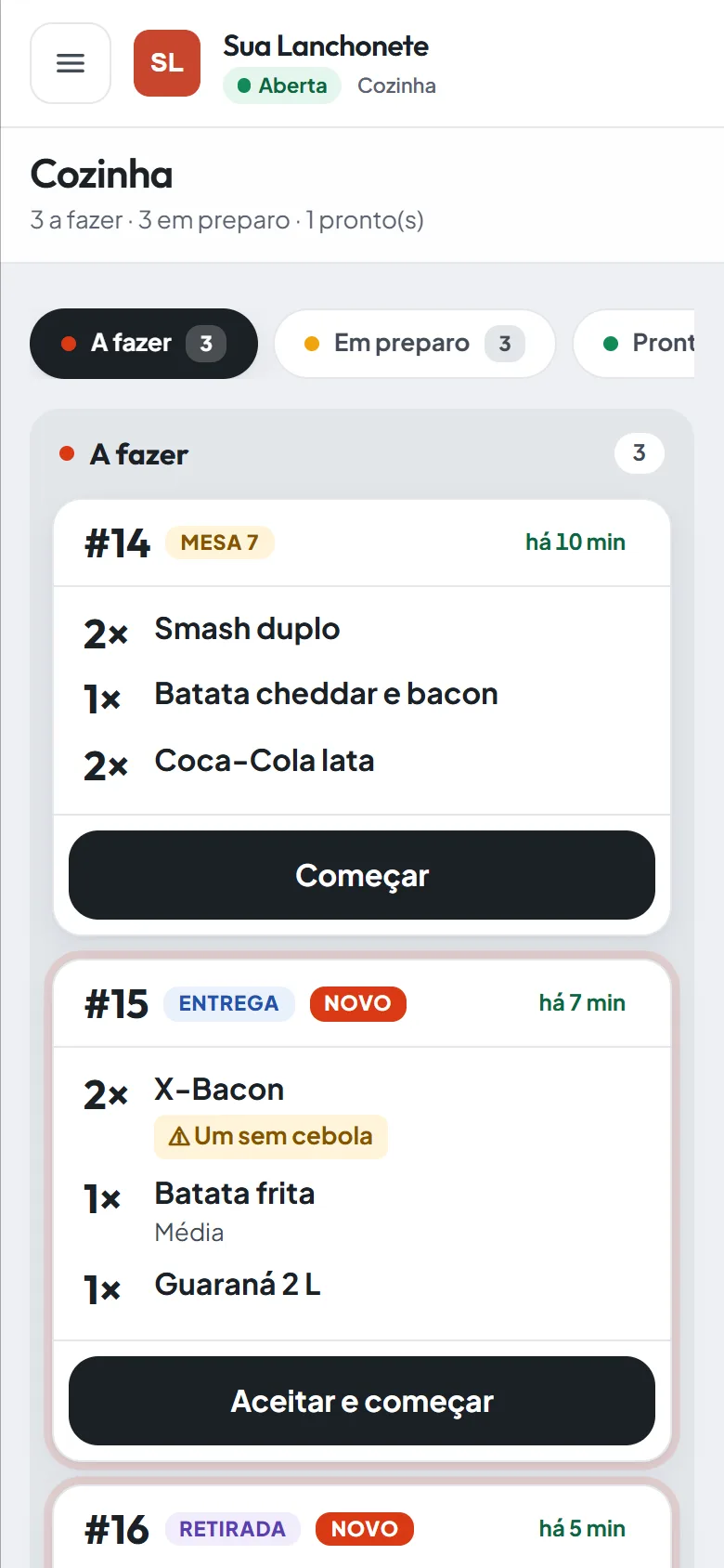 Tela da cozinha no celular com os pedidos a fazer e o botão de começar.