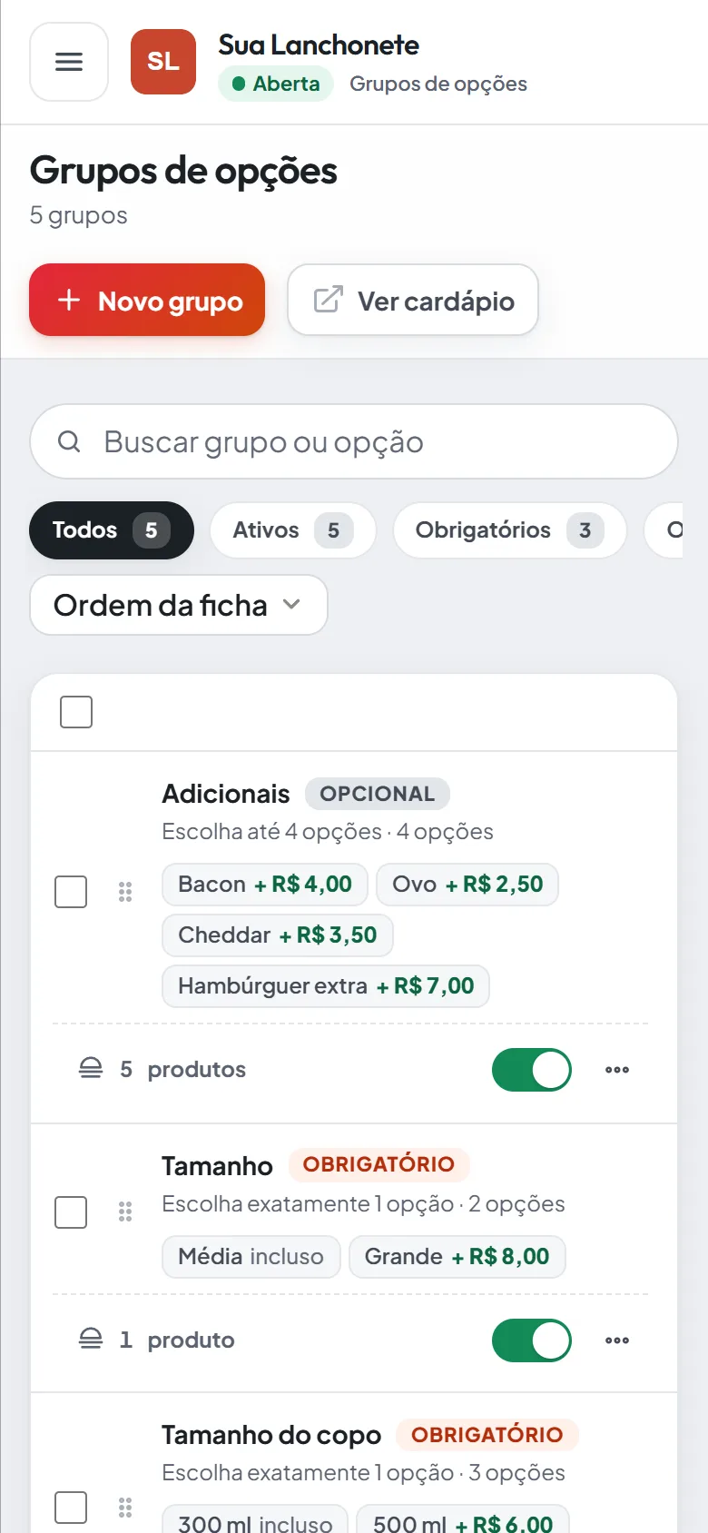 Grupos de opções no celular com as opções e os preços de cada grupo.