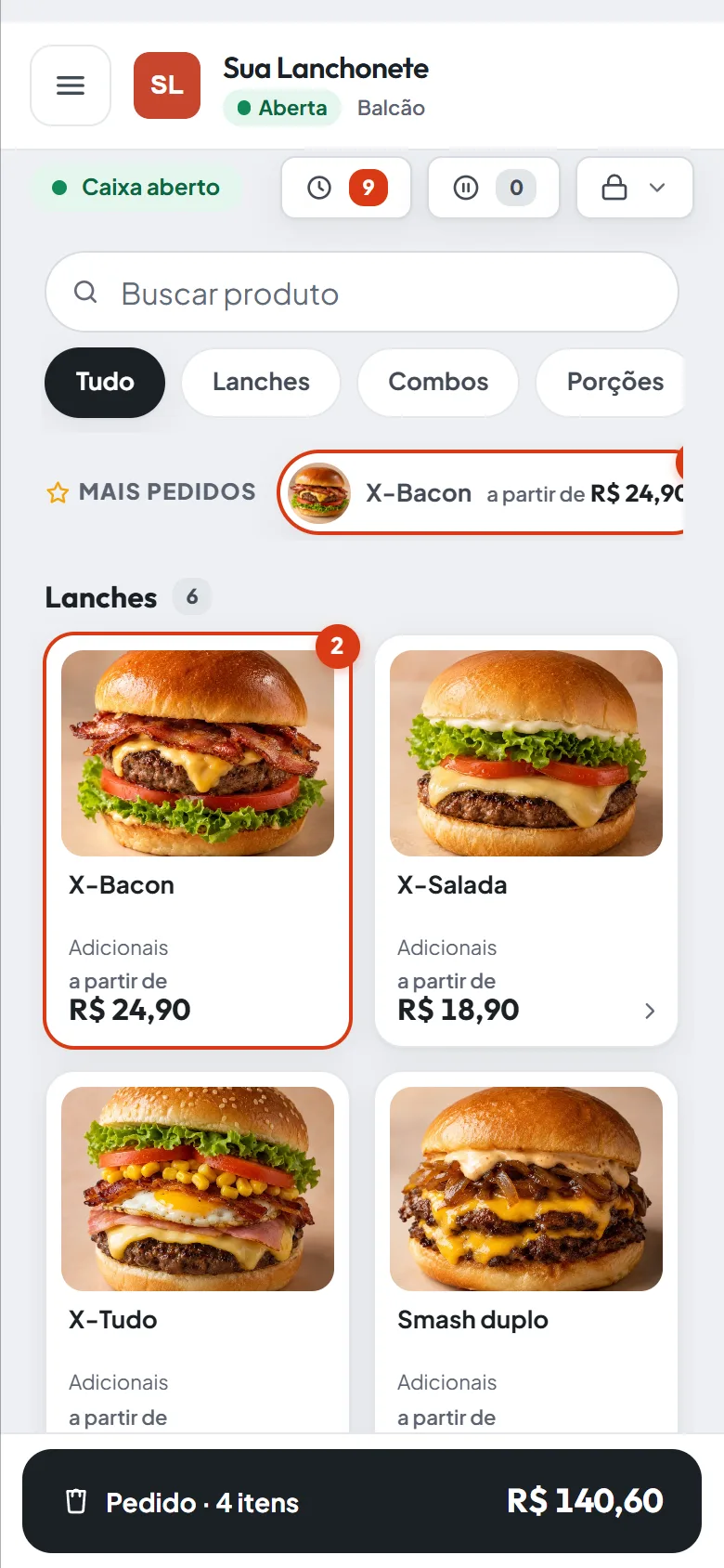 Tela do balcão (PDV) do abreo.menu com os produtos por categoria à esquerda e a venda em andamento com total e botão de receber à direita. No celular.