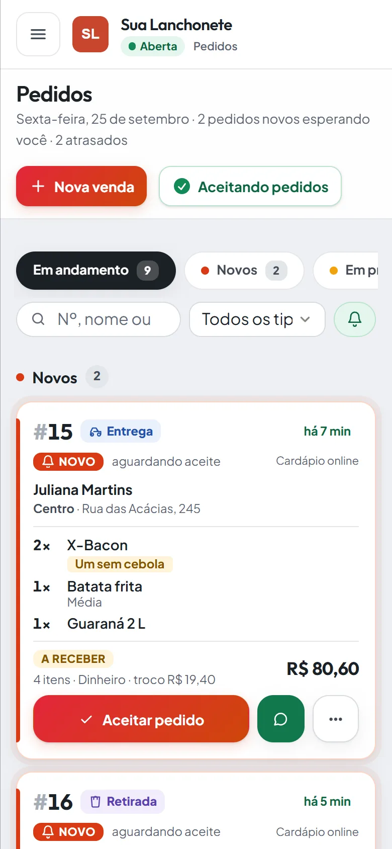 Painel de pedidos do abreo.menu aberto no celular, com um pedido novo esperando o aceite.