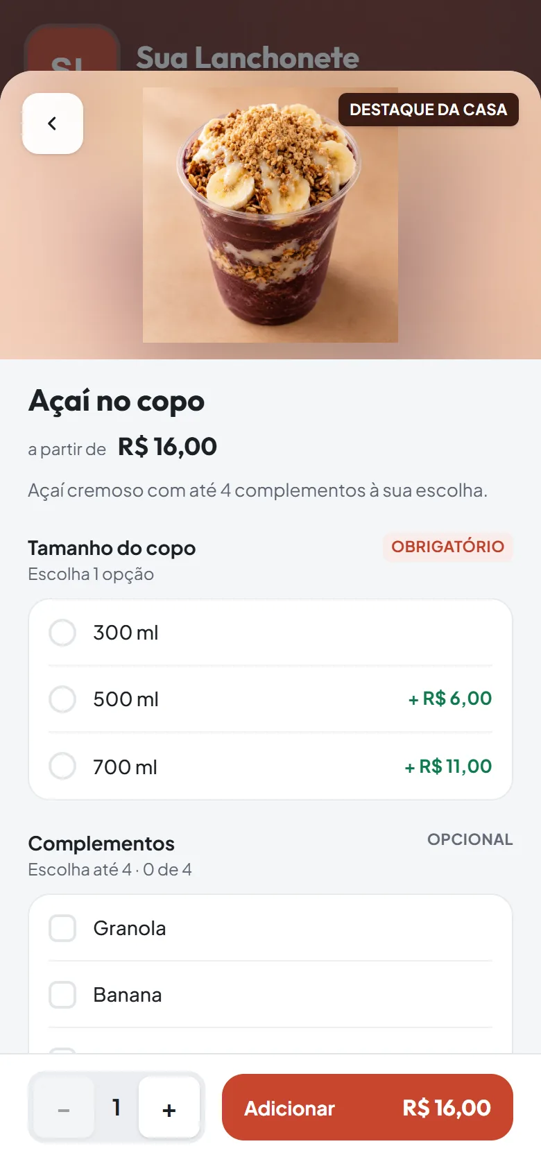 Ficha de um produto no cardápio online com a escolha do tamanho do copo e dos complementos, cada um com o preço.