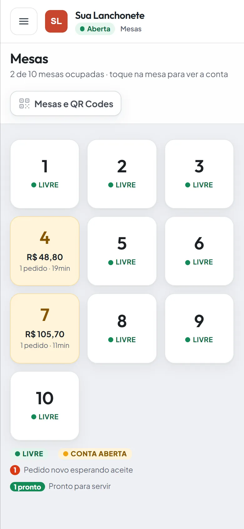 Mapa de mesas no celular com as mesas livres e as de conta aberta.