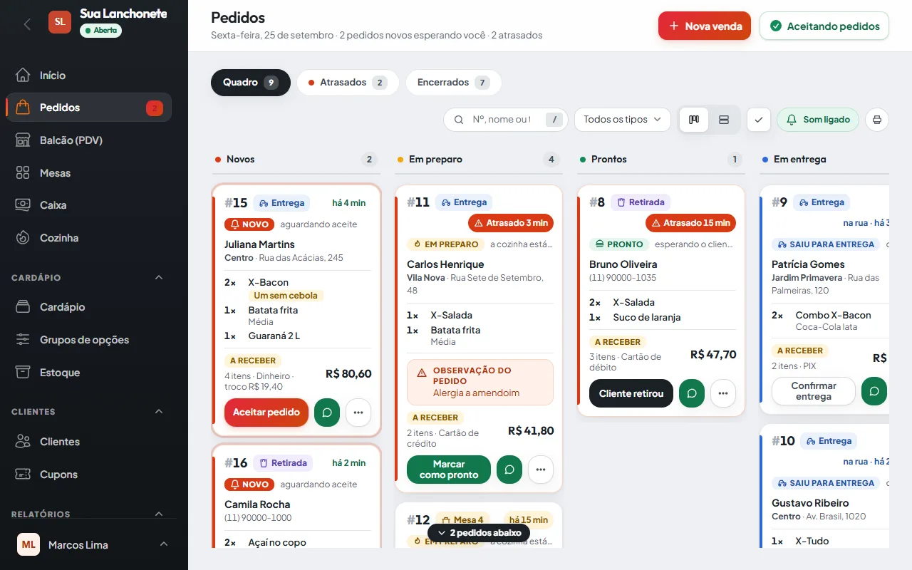 Painel de pedidos do abreo.menu com pedidos novos, em preparo, prontos e em entrega, cada um num card com itens, pagamento e a próxima etapa.